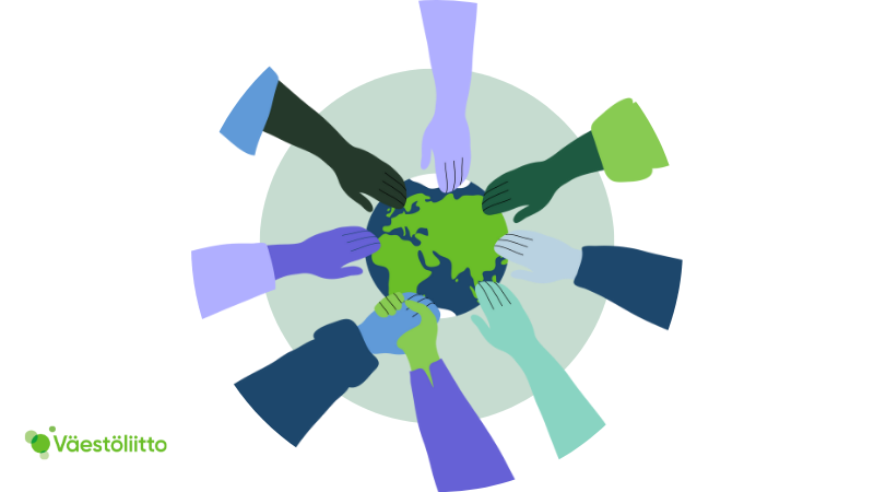 Kuvassa on keskellä maapallo jonka ympärillä on käsiä
