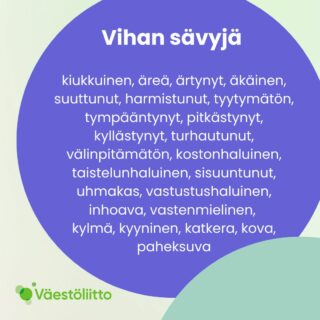 Vihan sävyjä: kiukkuinen, äreä, ärtynyt, äkäinen, suuttunut, harmistunut, tyytymätön, tympääntynyt, pitkästynyt, kyllästynyt, turhautunut, välinpitämätön, kostonhaluinen, taistelunhaluinen, sisuuntunut, uhmakas, vastustushaluinen, inhoava, vastenmielinen, kylmä, kyyninen, katkera, kova, paheksuva.