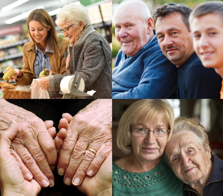 Kuvassa neljä eri kuvaa, jossa kuvataan ikääntyneitä henkilöitä ja heidän hoivaansa.