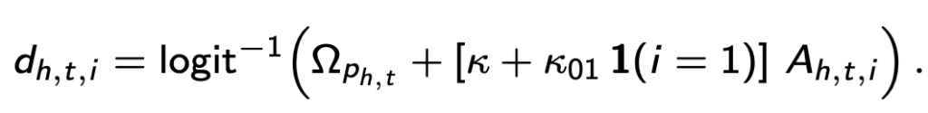 π⁰_{h,t,i} = sigmoid( Ω_{p(h,t,i)} + κ · A_{h,t,i} + κ₀₁ · 1{ i = 1 } · A_{h,t,i} ),