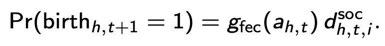 P( birth | h, t, i ) = π_{h,t,i} · g( age_{h,t} ),
